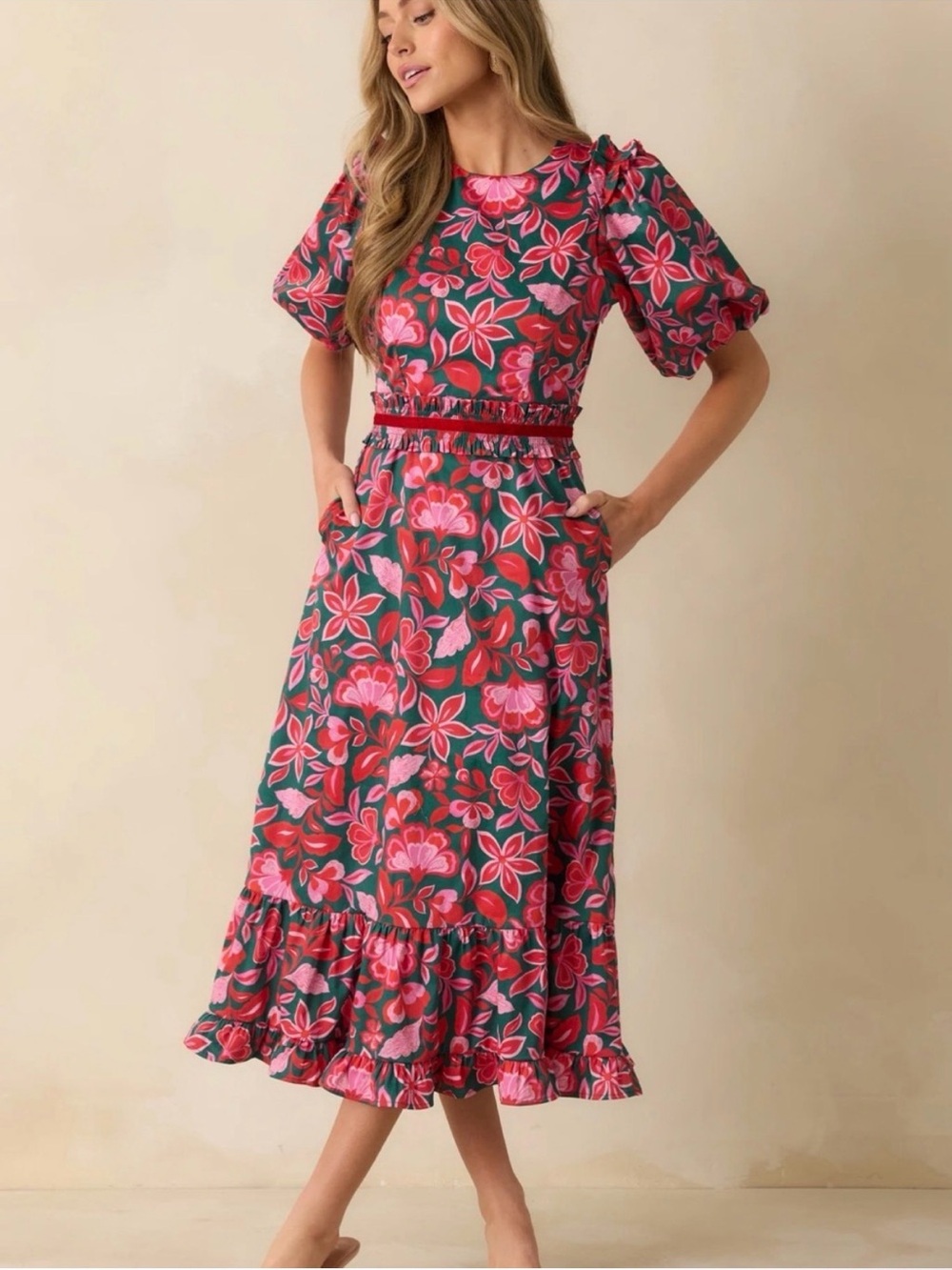 Prosperina Floral Puff-Sleeve Midi Dress in Pink and Green Size Small NWT